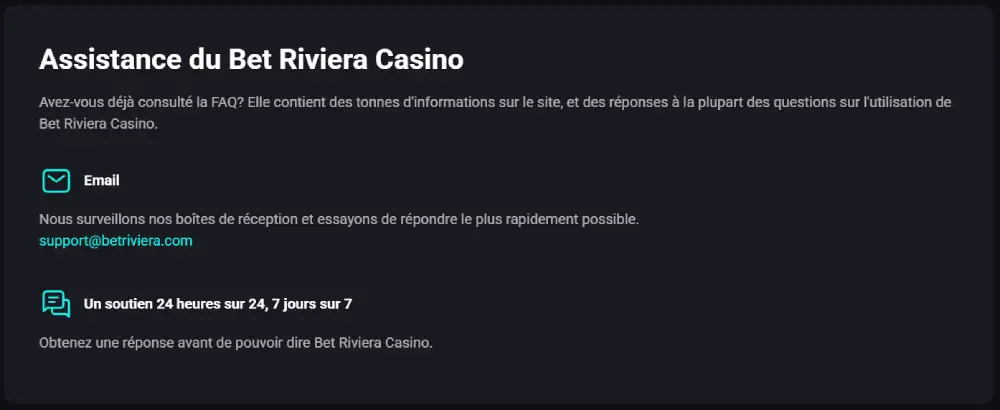 BetRiviera Casino FR Support client